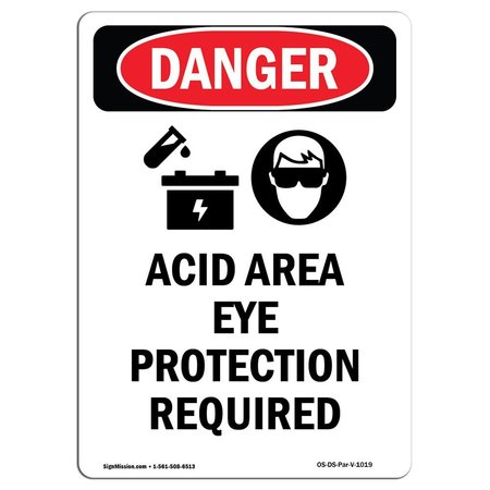 OSHA Danger Sign, Acid Area Eye Protection, 5in X 3.5in Decal, 10PK -  SIGNMISSION, OS-DS-D-35-V-1019-10PK
